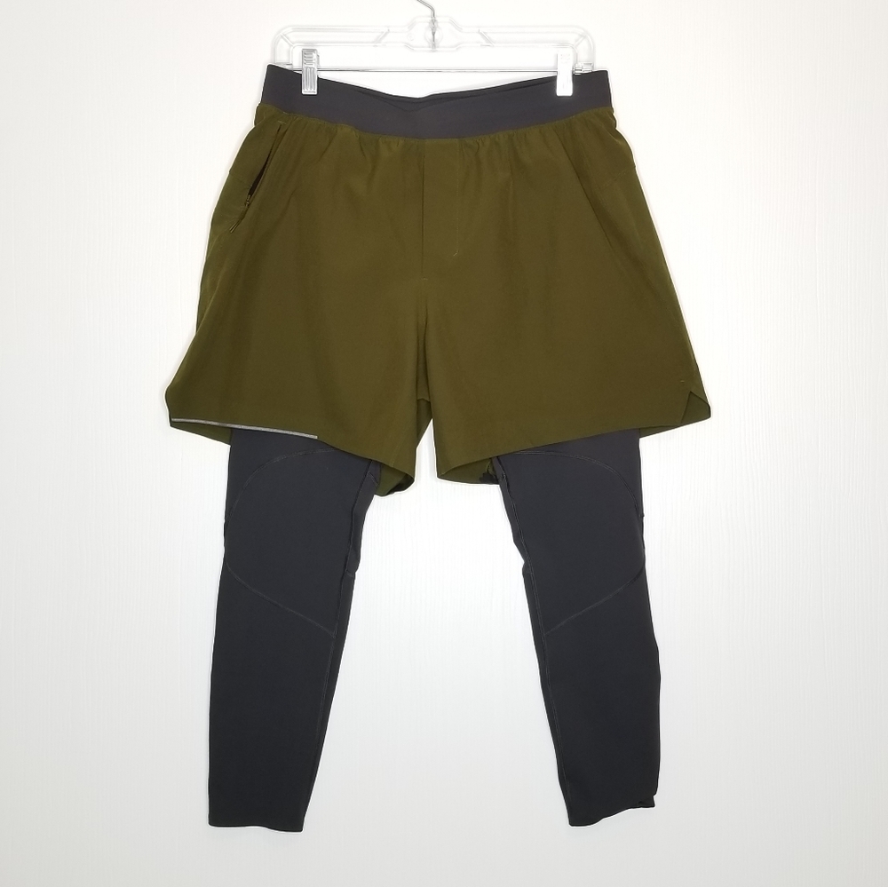 Olive Green Men's Athletic 2-in-1 Shorts with Black Leggings
